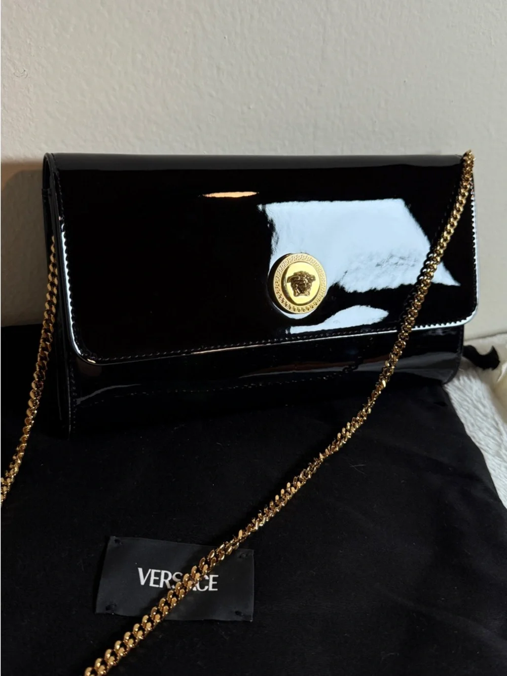 Versace Black Patent Leather Clutch on chain with Gold Medusa Button